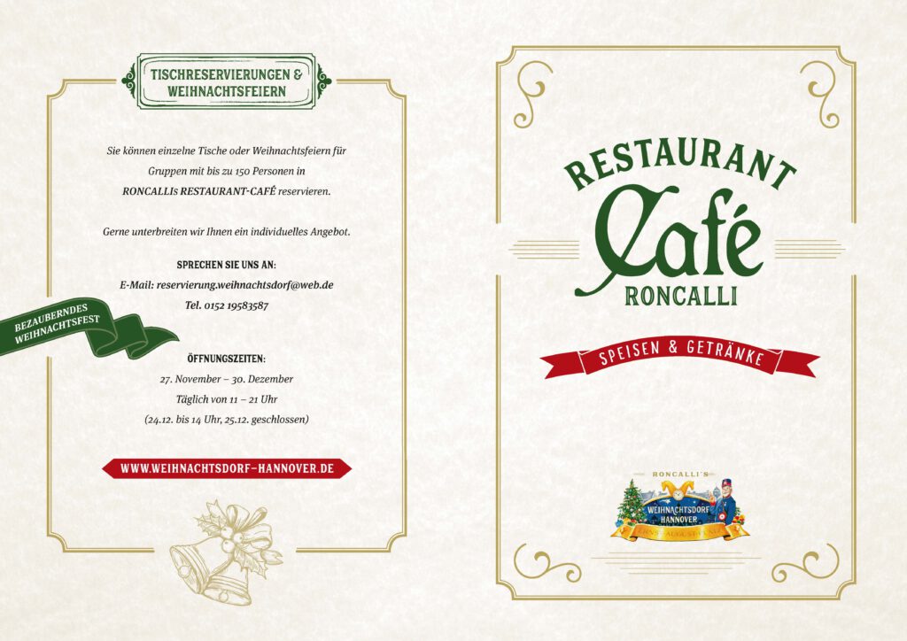 Seite 1 der Speisekarte für das Restaurant-Café im Weihnachtsdorf Hannover